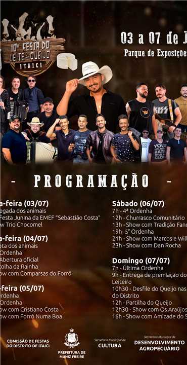 Programação da 10ª Festa do Leite e do Queijo de Itaici